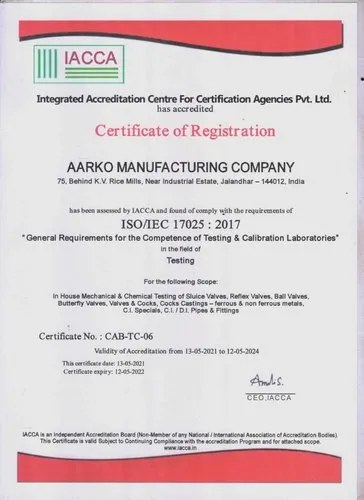 ISO/IEC 17025:2017 testing laboratory certificate for Aarko Manufacturing Company
