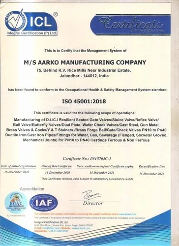 ISO 45001:2018 certificate for Aarko Manufacturing Company