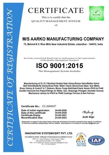 ISO 9001:2015 certificate for Aarko Manufacturing Company